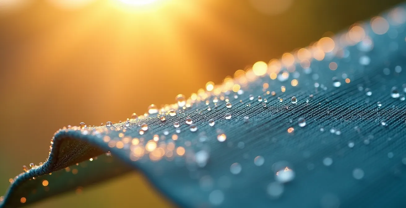 Detalle microscópico del tejido de alta densidad de un toldo mostrando la trama resistente