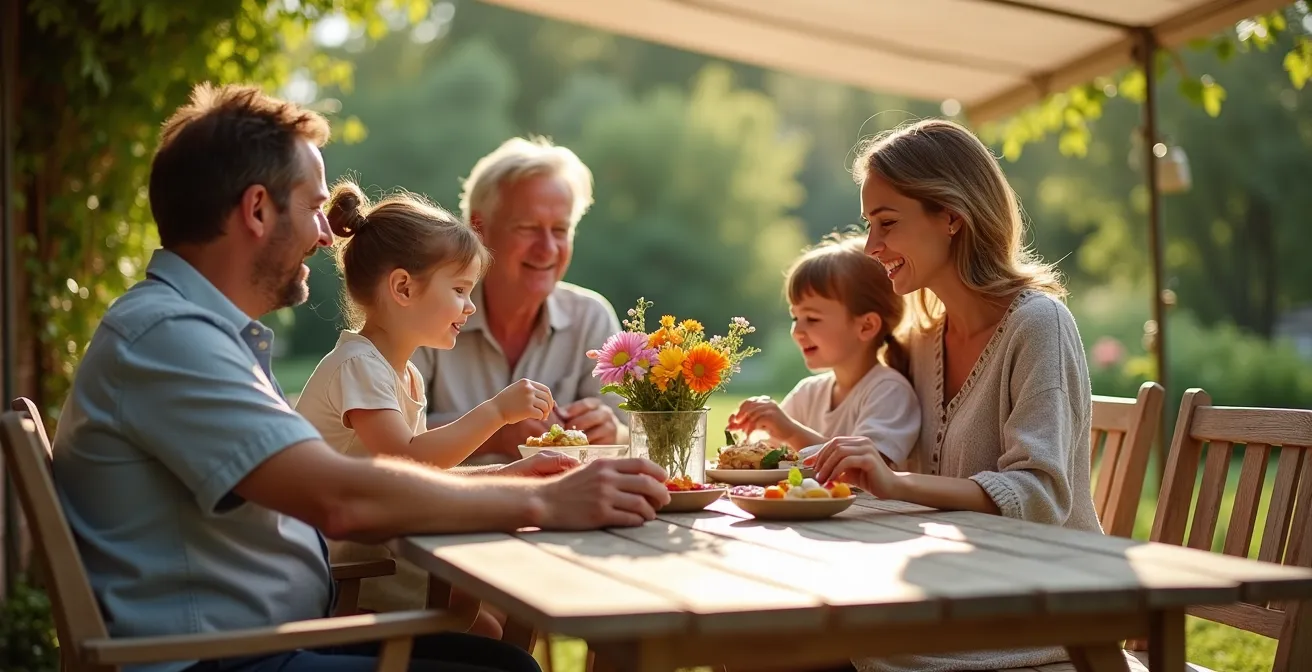 Familia relajada en terraza con muebles bien conservados bajo toldo protector