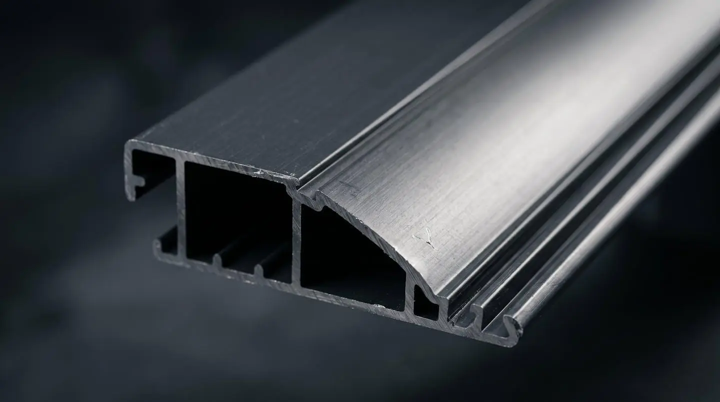 Macro fotografía de perfil de lama de aluminio en sección transversal, mostrando grosor, textura del tratamiento de superficie y ranuras de evacuación