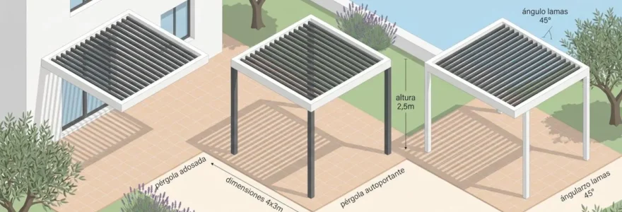 Vista isométrica de tres tipos de pérgolas bioclimáticas: adosada a fachada blanca, autoportante con cuatro postes en jardín, y perpendicular en configuración L, con anotaciones técnicas de dimensiones en español